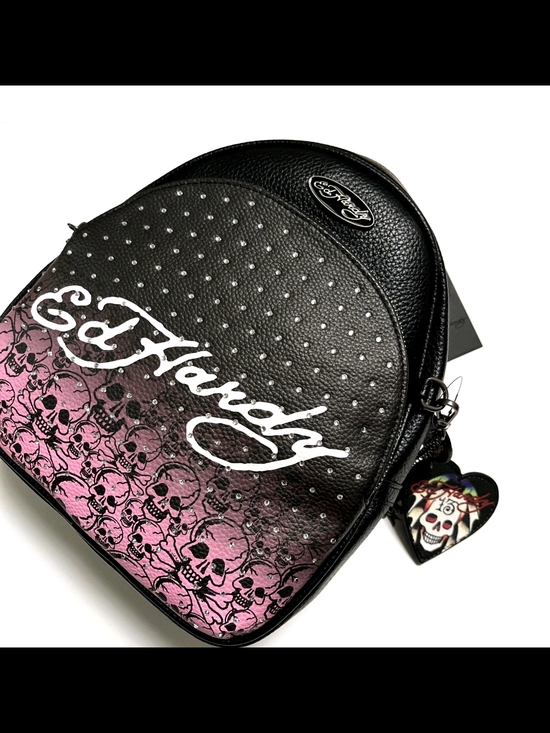 Ed Hardy Handbags - Ed Hardy Black and Pink Skull Mini Backpack with Stud Detailing